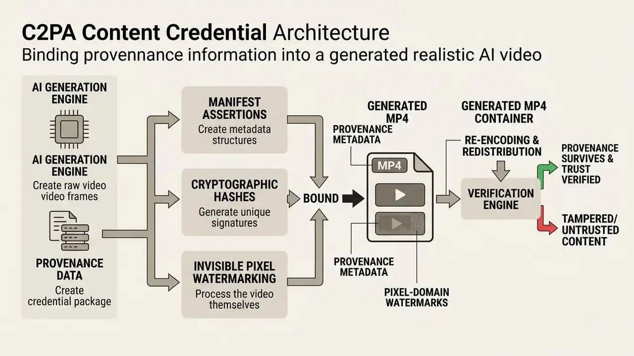 Technical schematic showing how C2PA metadata and watermarks are bound into AI video containers