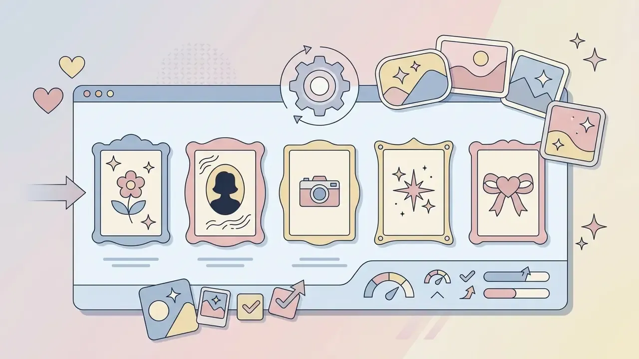 Digital window showing framed aesthetic icons and a processing gear for creative image generation