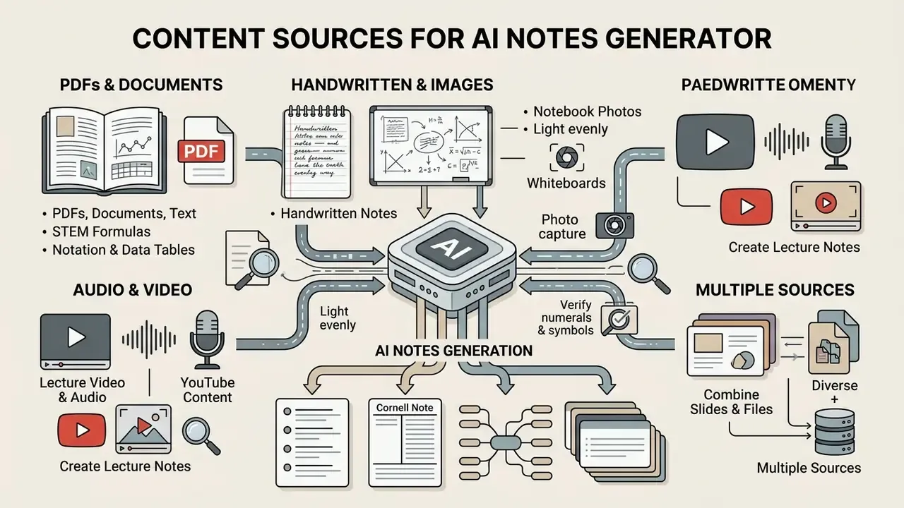 Flowchart showing how an AI notes generator processes text, media, and handwritten files into study formats