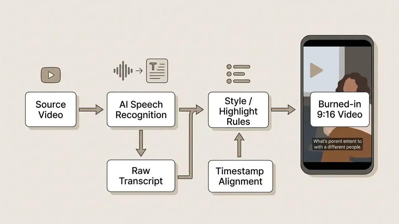 Workflow diagram showing source video converted through AI speech recognition into formatted mobile video