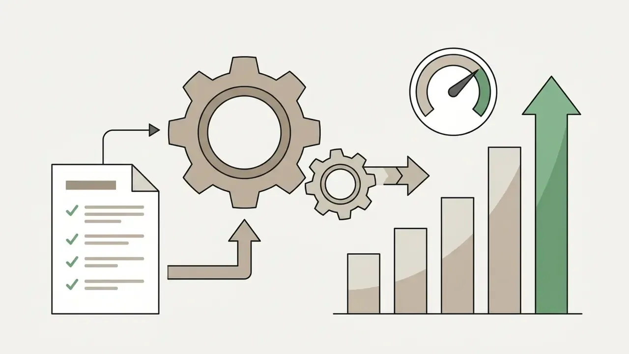 Checklist feeding into mechanical gears that drive a rising bar graph and a performance gauge