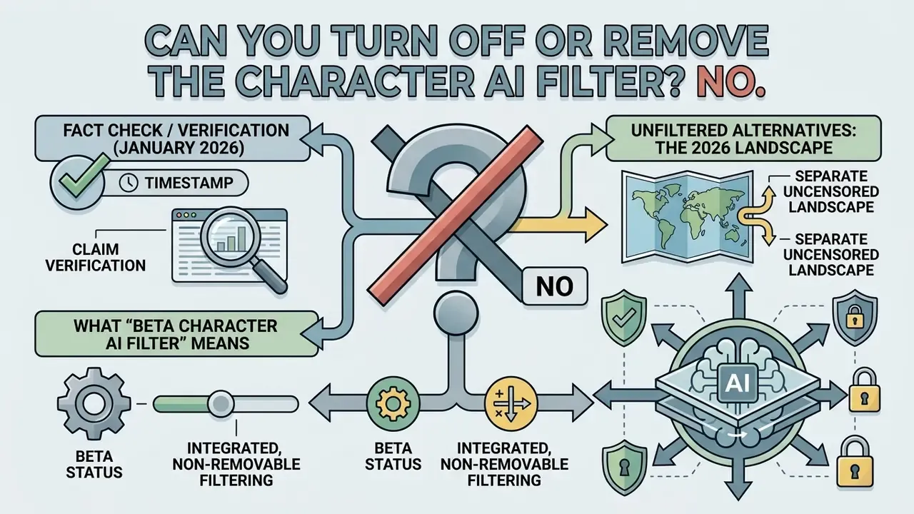 Summary infographic explaining that the Character AI filter is integrated and cannot be removed or disabled