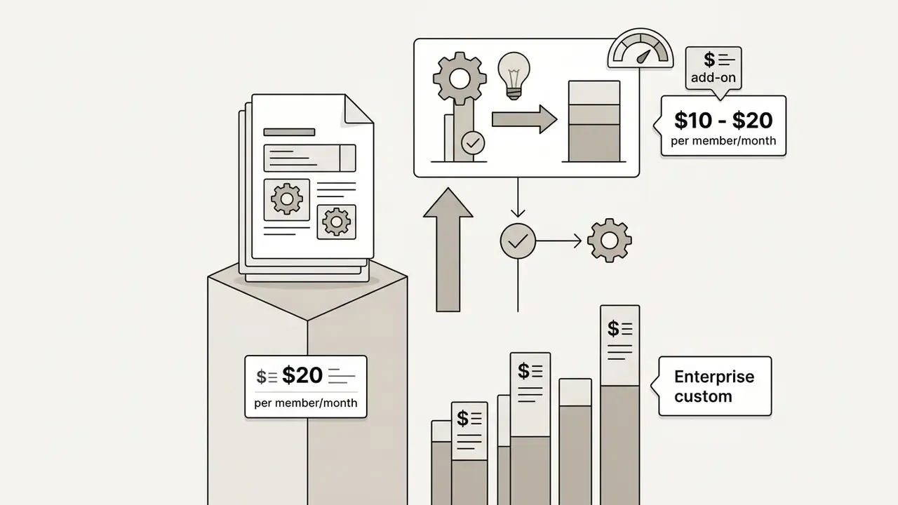 Documents and pricing tiers for Commercial-Use AI Tools Comparison showing per-member monthly costs