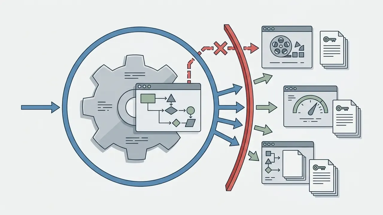 Diagram showing a central gear engine blocked from accessing multiple external AI model workflows