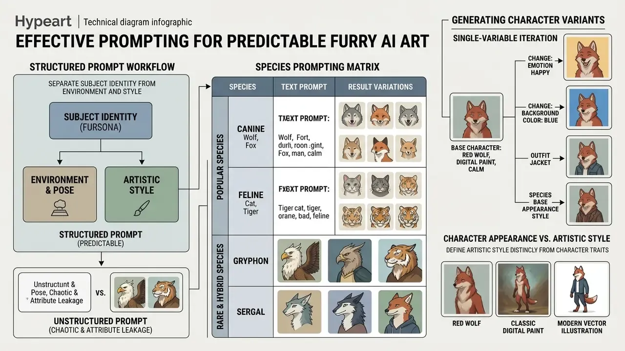 Infographic detailing prompt structures, species matrices, and character iteration for furry AI art