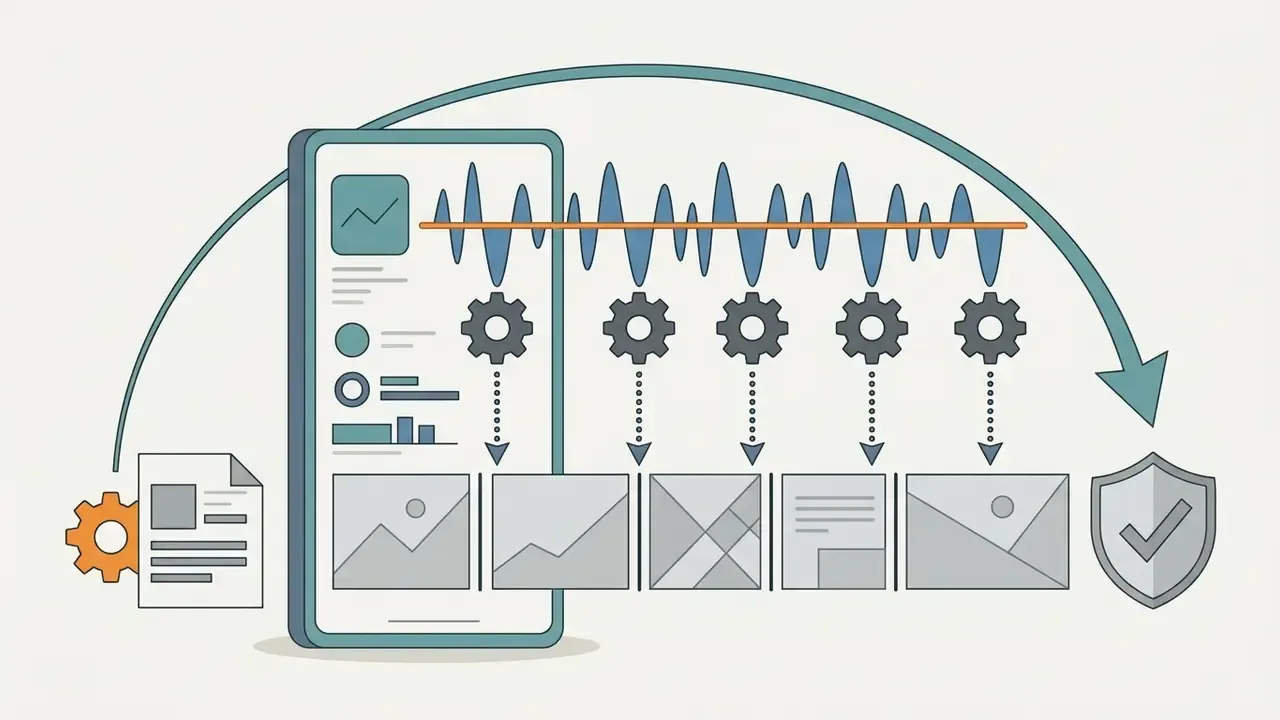 Smartphone screen showing audio waveforms aligning with image clips and a checkmark shield icon