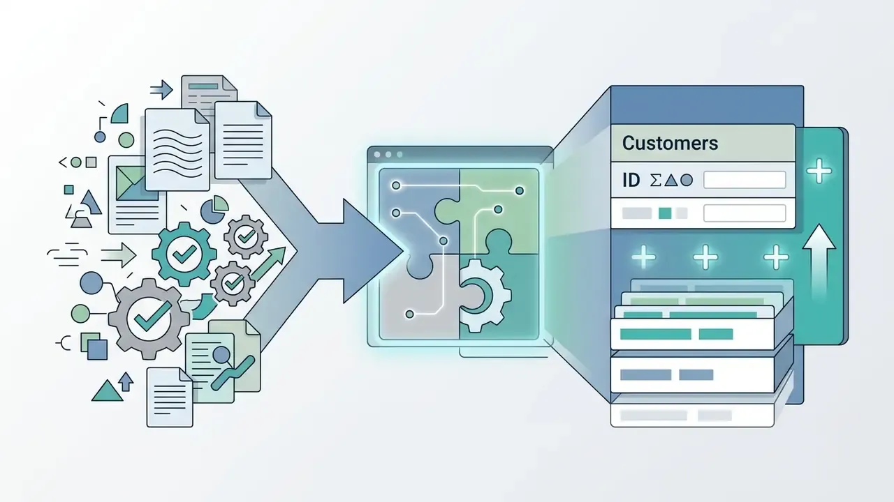 Documents and gears feeding into a puzzle processor to expand a structured customer table