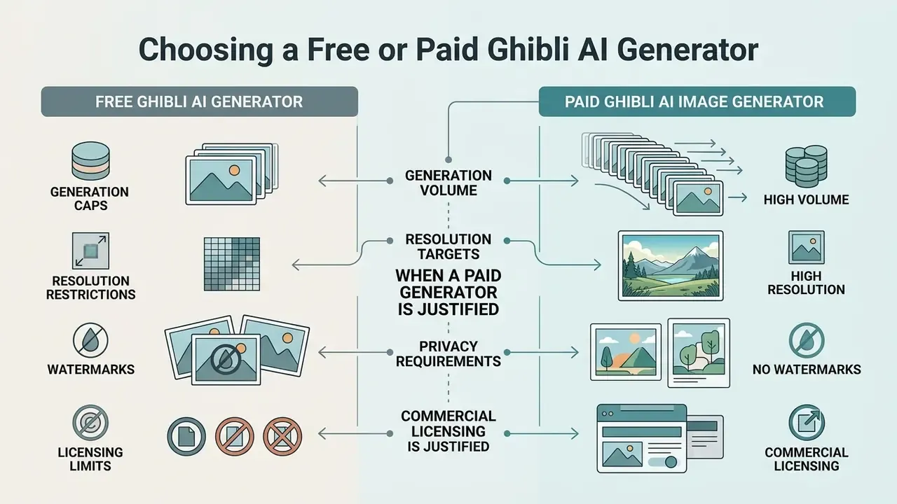 Comparison chart contrasting features and limitations of free versus paid generative art tools