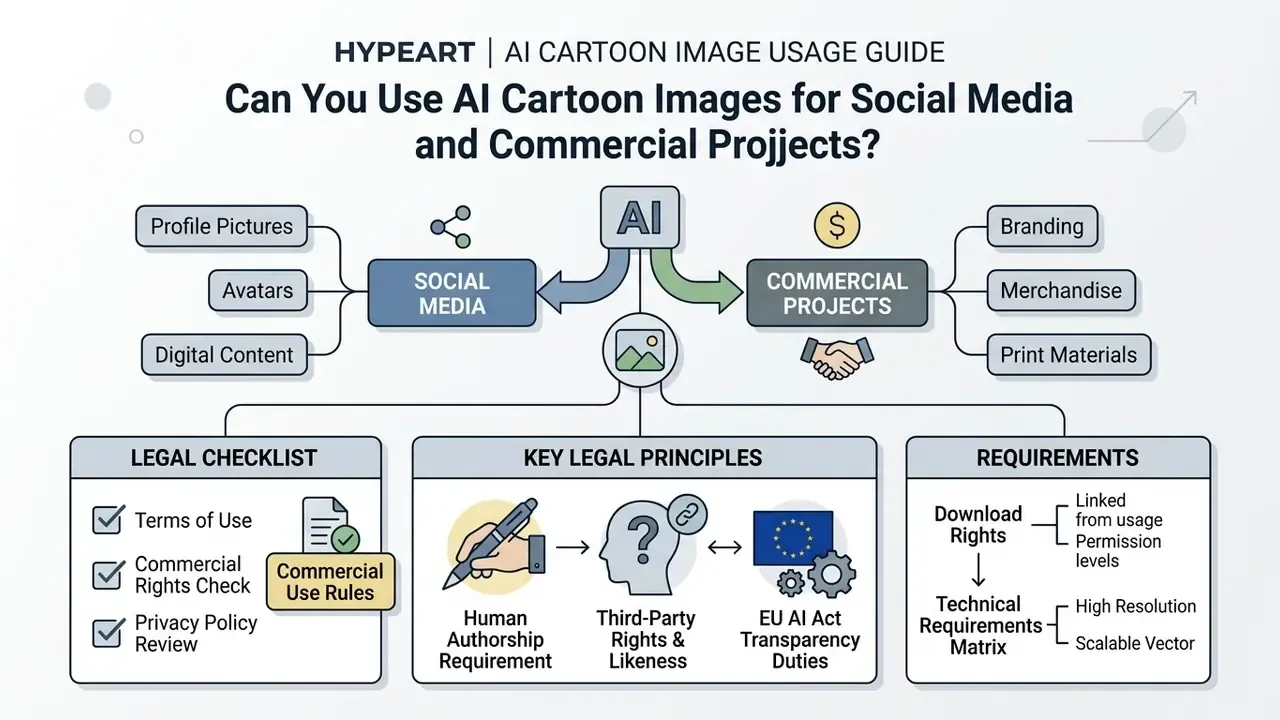 Diagram detailing legal considerations and usage rights for AI cartoon images in professional projects