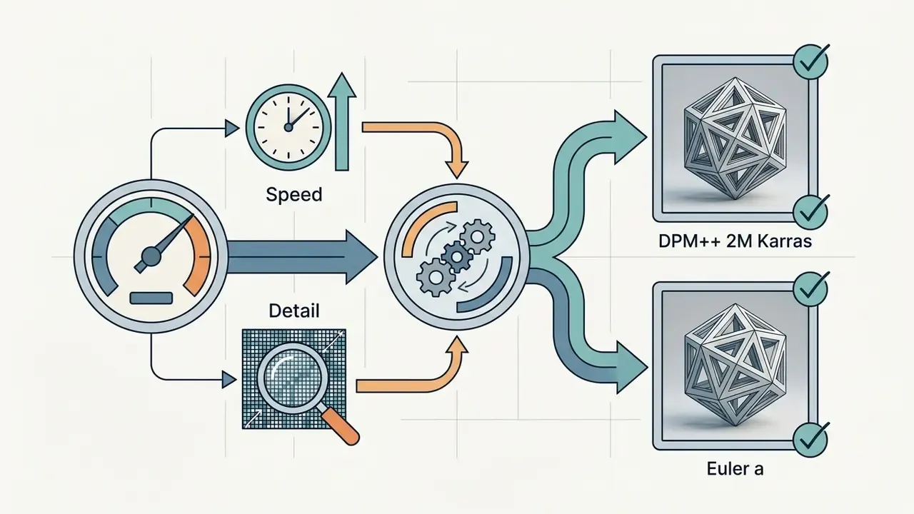 Flowchart balancing speed and detail metrics to select between DPM++ 2M Karras and Euler a samplers