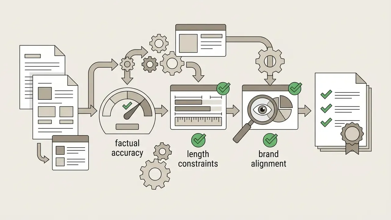 Process flow diagram showing human verification steps for factual accuracy, length, and brand alignment