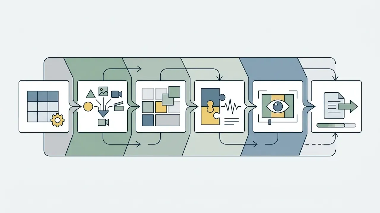 Linear process showing six icons representing template selection, media ingestion, and final file export