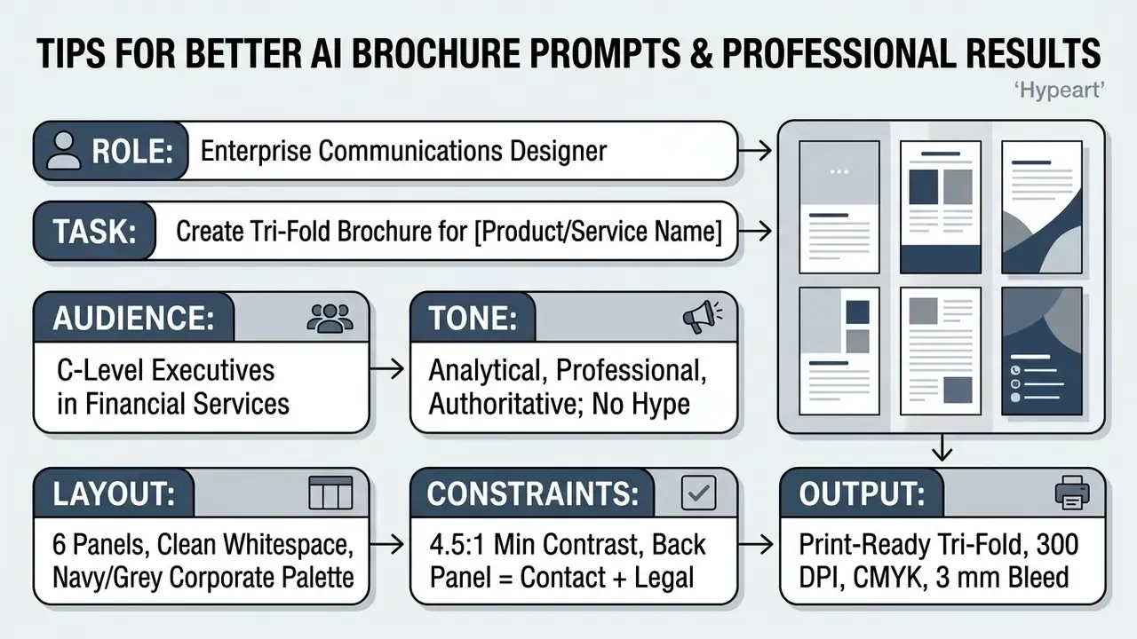 Structured prompt template organizing design requirements into role, task, audience, tone, layout, and output