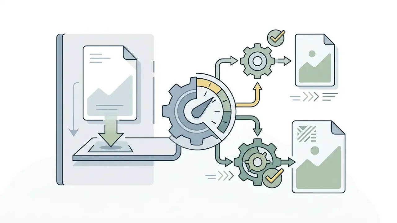 Document being uploaded to a gear mechanism that processes files into two different output formats