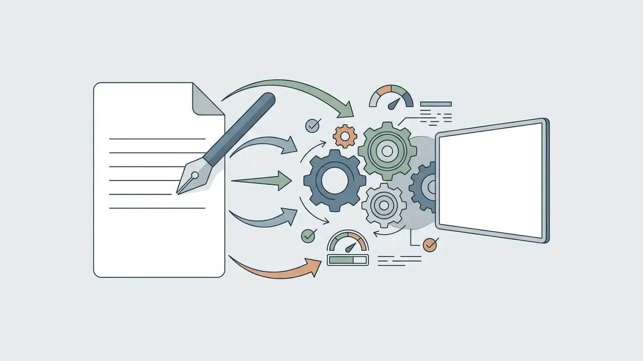 Pen writing on a document that feeds into a gear mechanism connected to a blank digital screen
