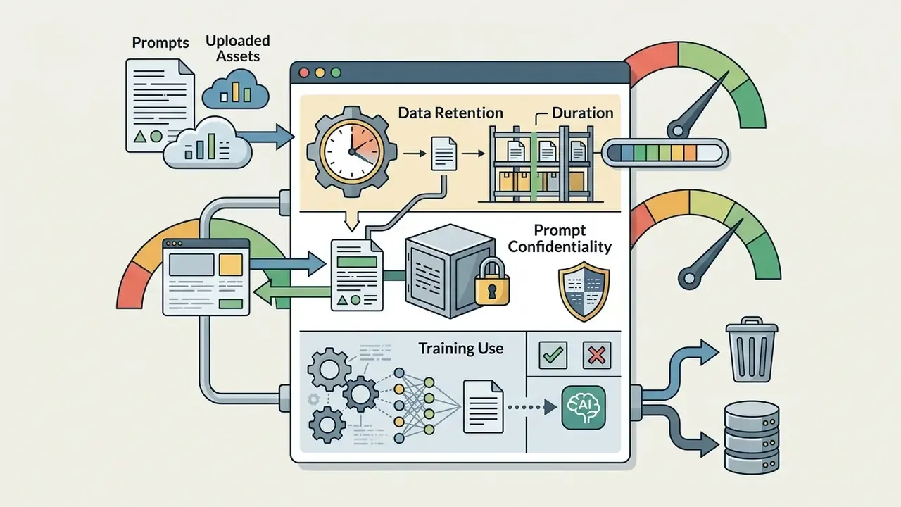 Diagram showing data retention, prompt confidentiality, and training use workflows with storage icons