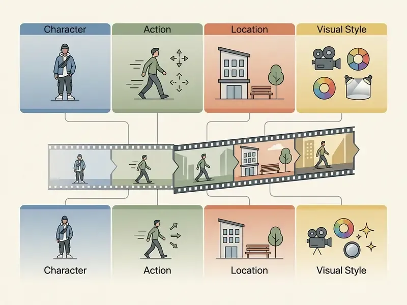Structural diagram mapping character, action, location, and visual style components to video film strips