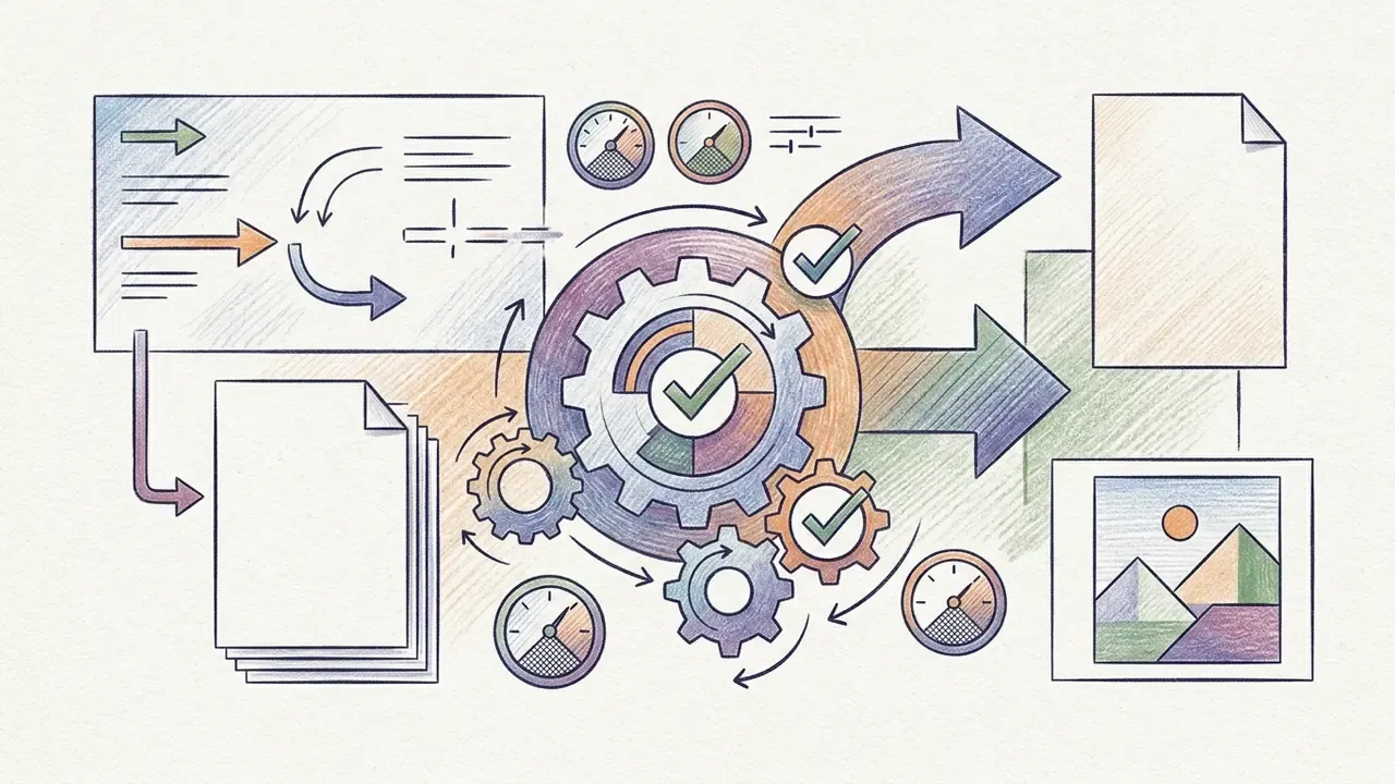Color pencil sketch of interlocking gears and arrows connecting documents to a landscape image