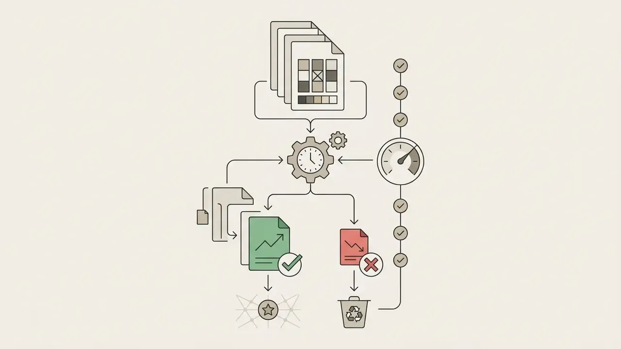 Documents feeding into a gear mechanism to test and filter marketing variants for a DALL-E AI image generator