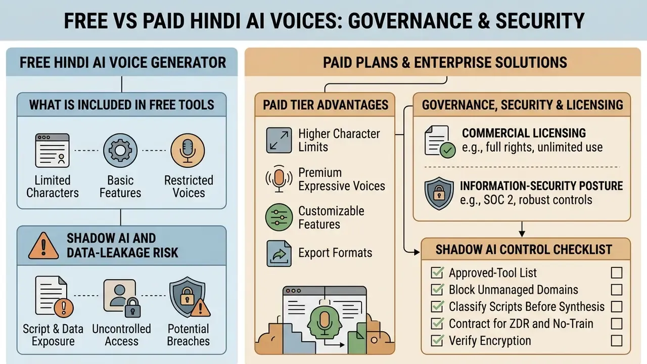 Comparison chart contrasting free Hindi AI voice generator risks with paid plan governance and security