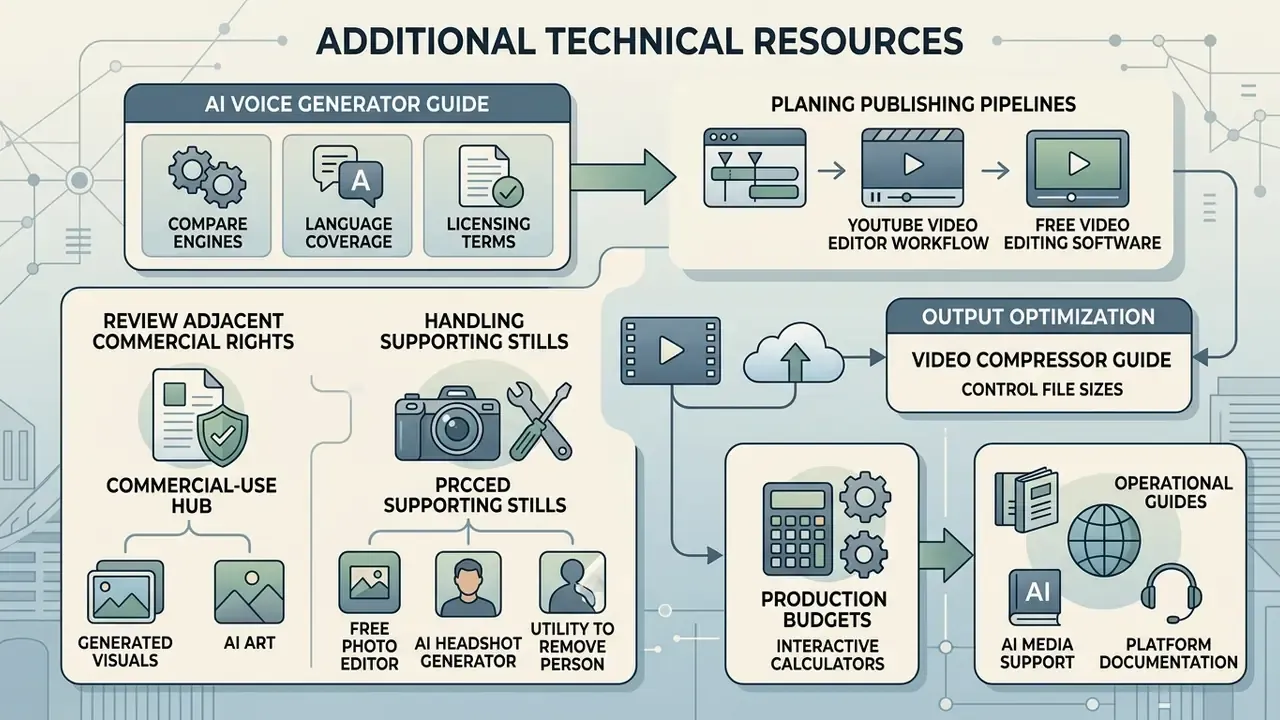 Map of technical resources for media production including guides for voice, video, and commercial rights