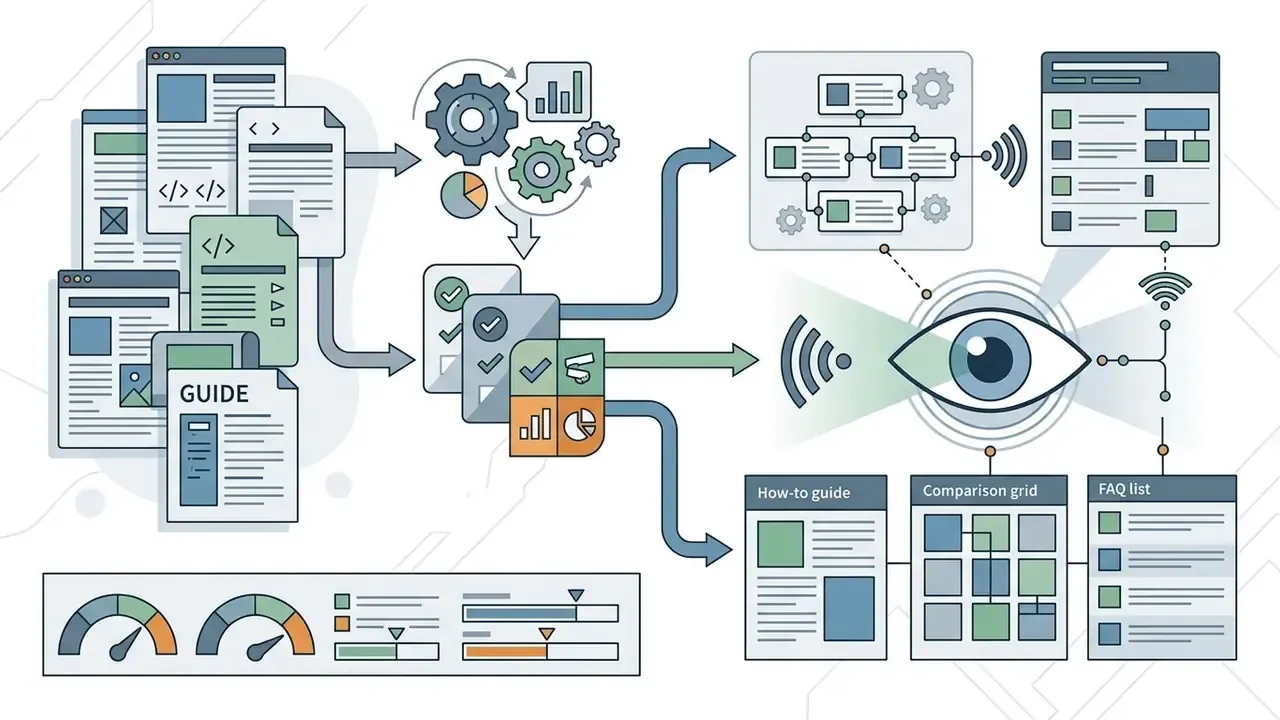 Documents feeding into gears and an eye icon that scans content into guides, grids, and FAQ lists