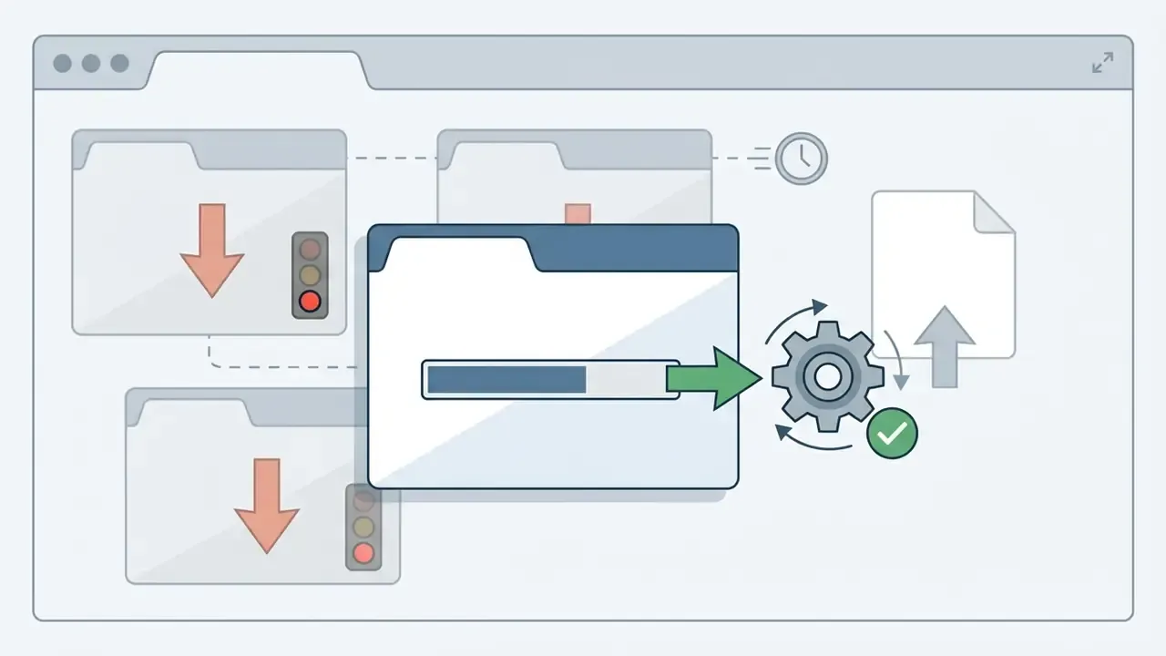 Browser window showing file folders with red traffic lights and a progress bar moving toward a gear icon