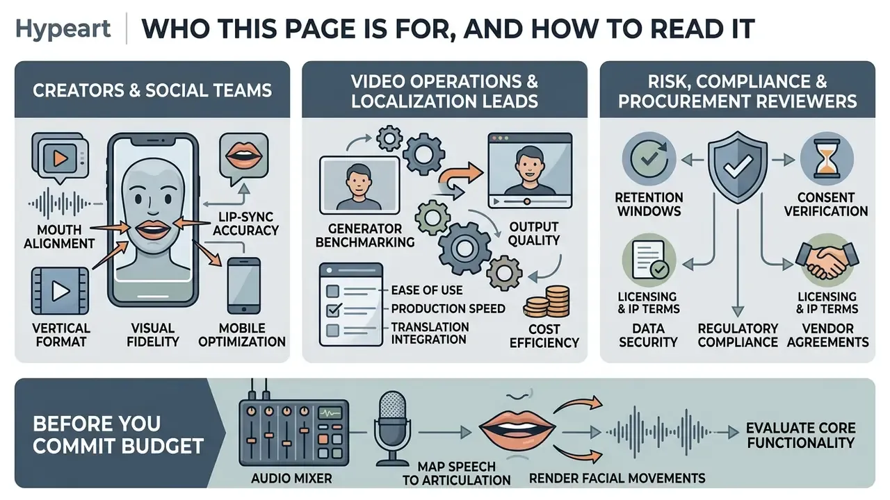 Infographic showing priorities for creators, operations leads, and risk reviewers using AI lip sync tools