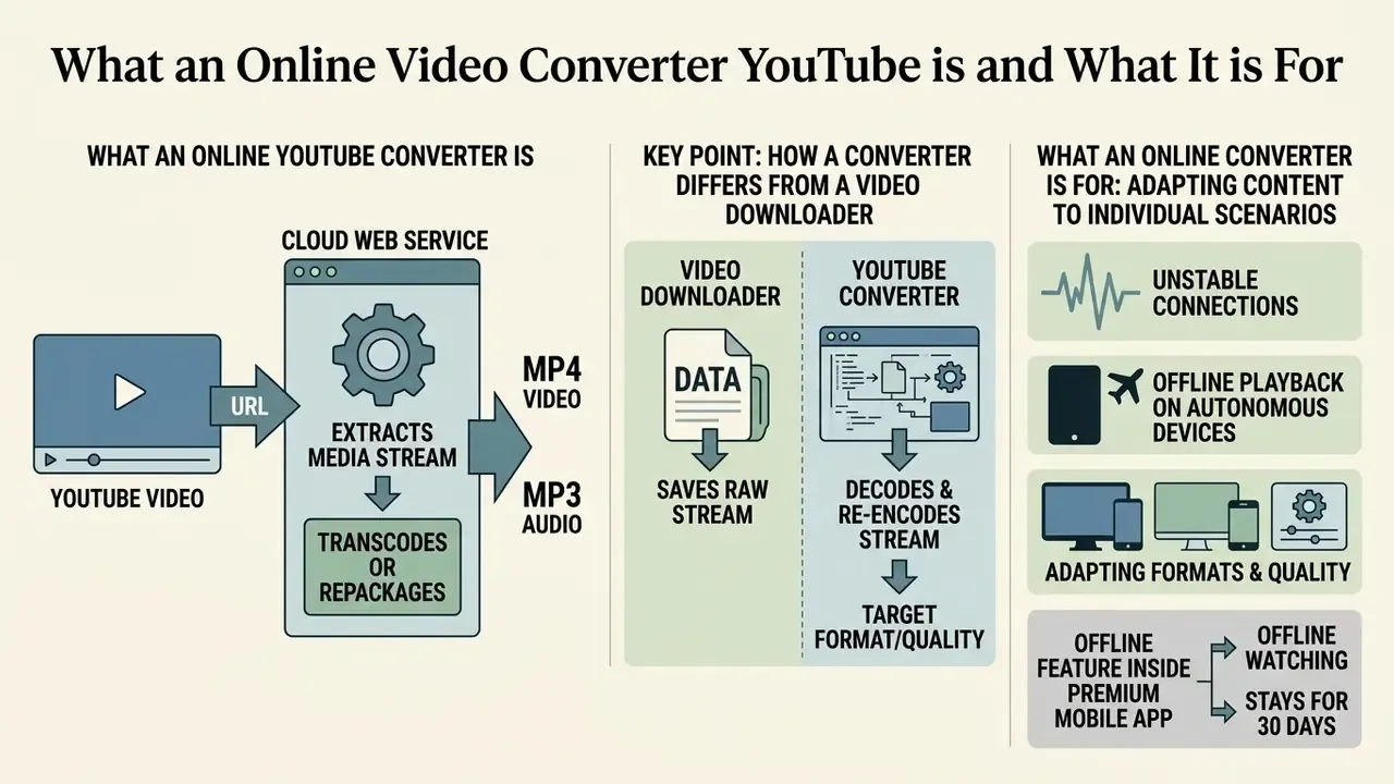 Infographic explaining how an online video converter YouTube service processes and adapts media files