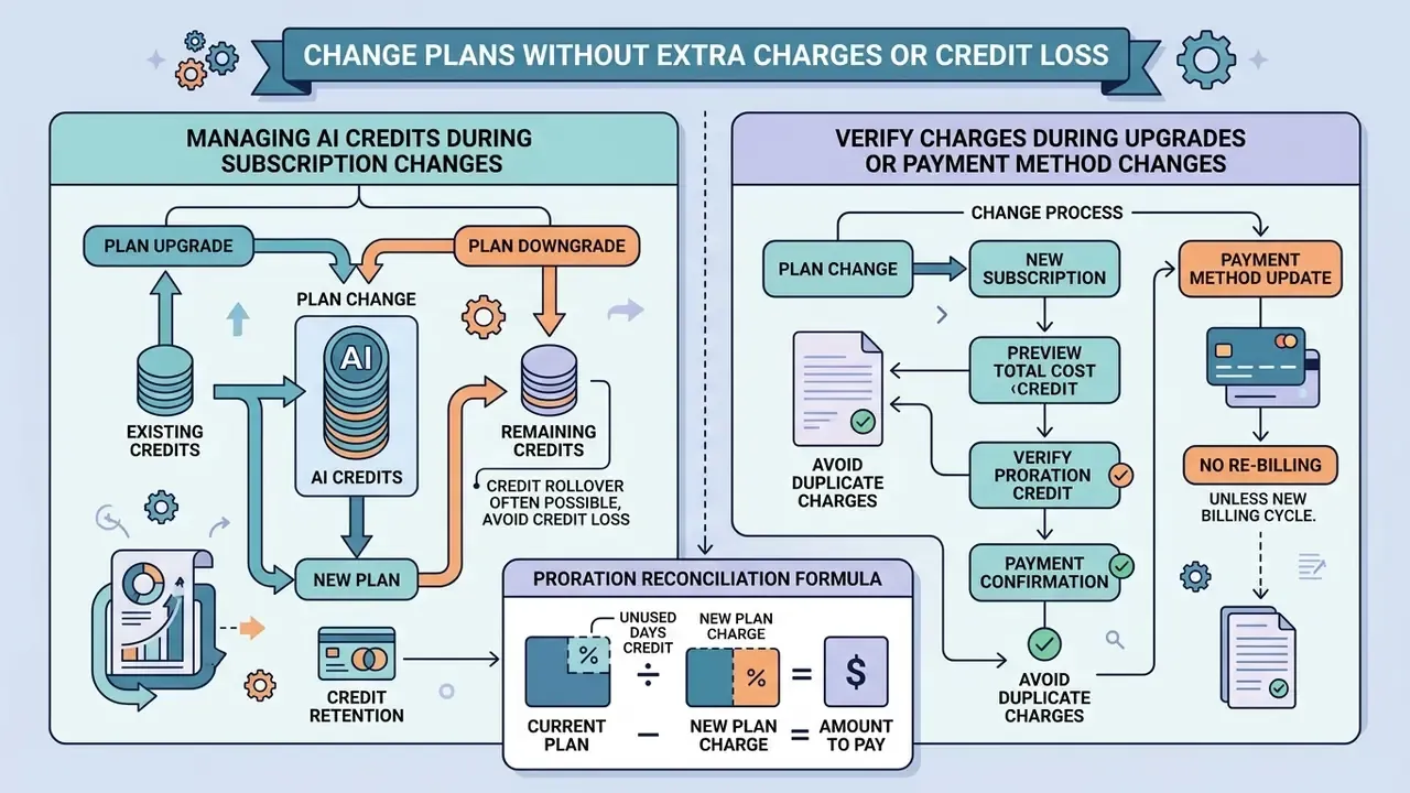 Two-part diagram showing how to manage AI Credits and verify charges during subscription plan changes