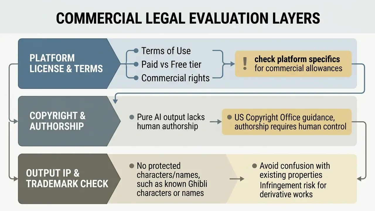 Flowchart outlining three legal layers for evaluating commercial use of generative AI imagery