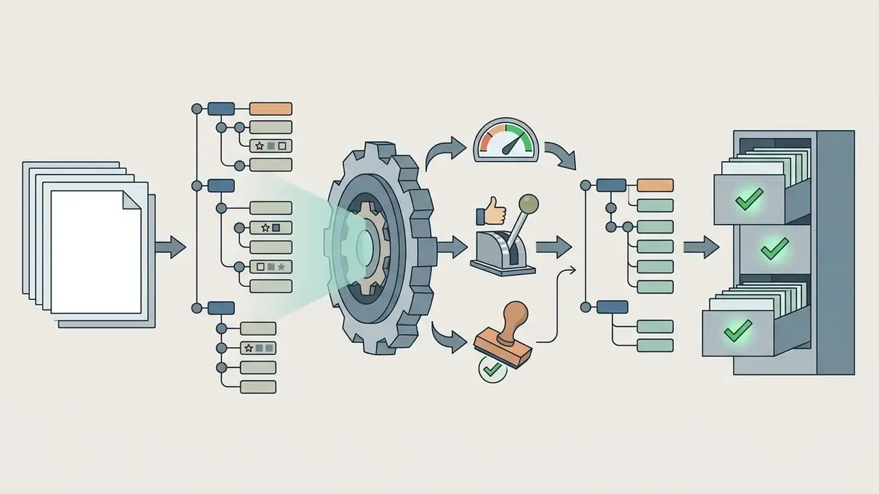 Process flow showing document parsing, gear-driven validation, and storage of verified structured data