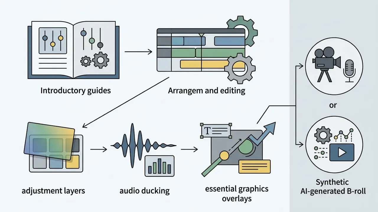 Steps for video editing including guides, timeline arrangement, adjustment layers, audio ducking, and graphics