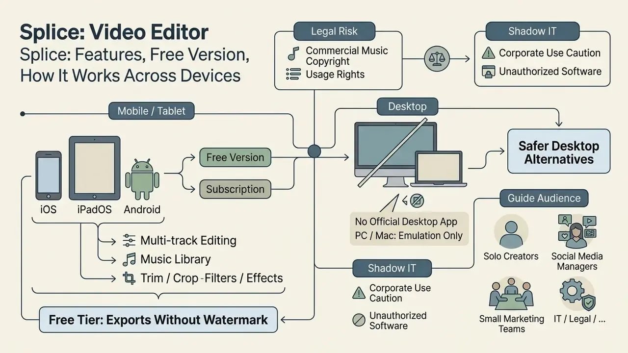 Flowchart outlining the Splice video editor features, device compatibility, and potential legal risks