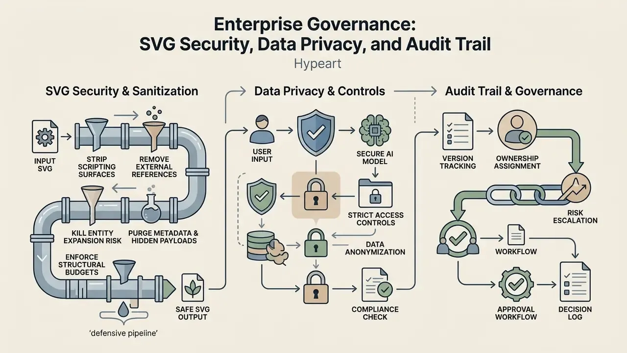 Flowchart depicting a defensive pipeline for SVG sanitization, data privacy controls, and audit governance