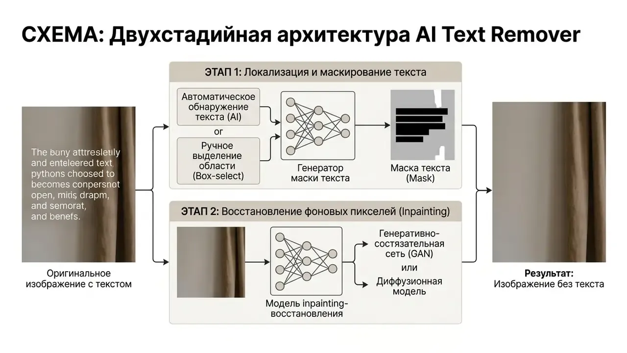 Two-stage diagram showing text localization and background inpainting to remove text from an image