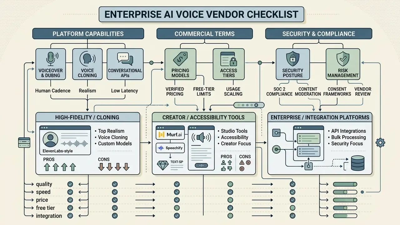 Comparison matrix evaluating AI voice generator platforms based on capabilities, security, and pricing