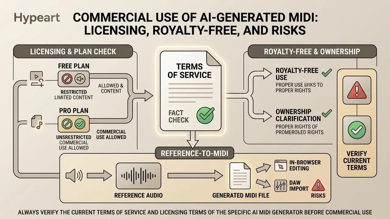 Flowchart outlining the process of checking licensing terms, ownership rights, and risks for music software