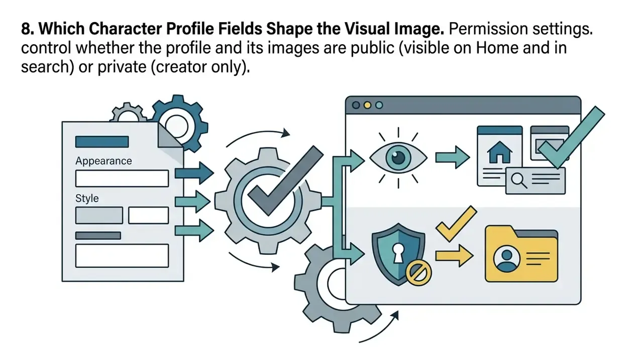 Process flow showing character profile fields toggling between public visibility and private access