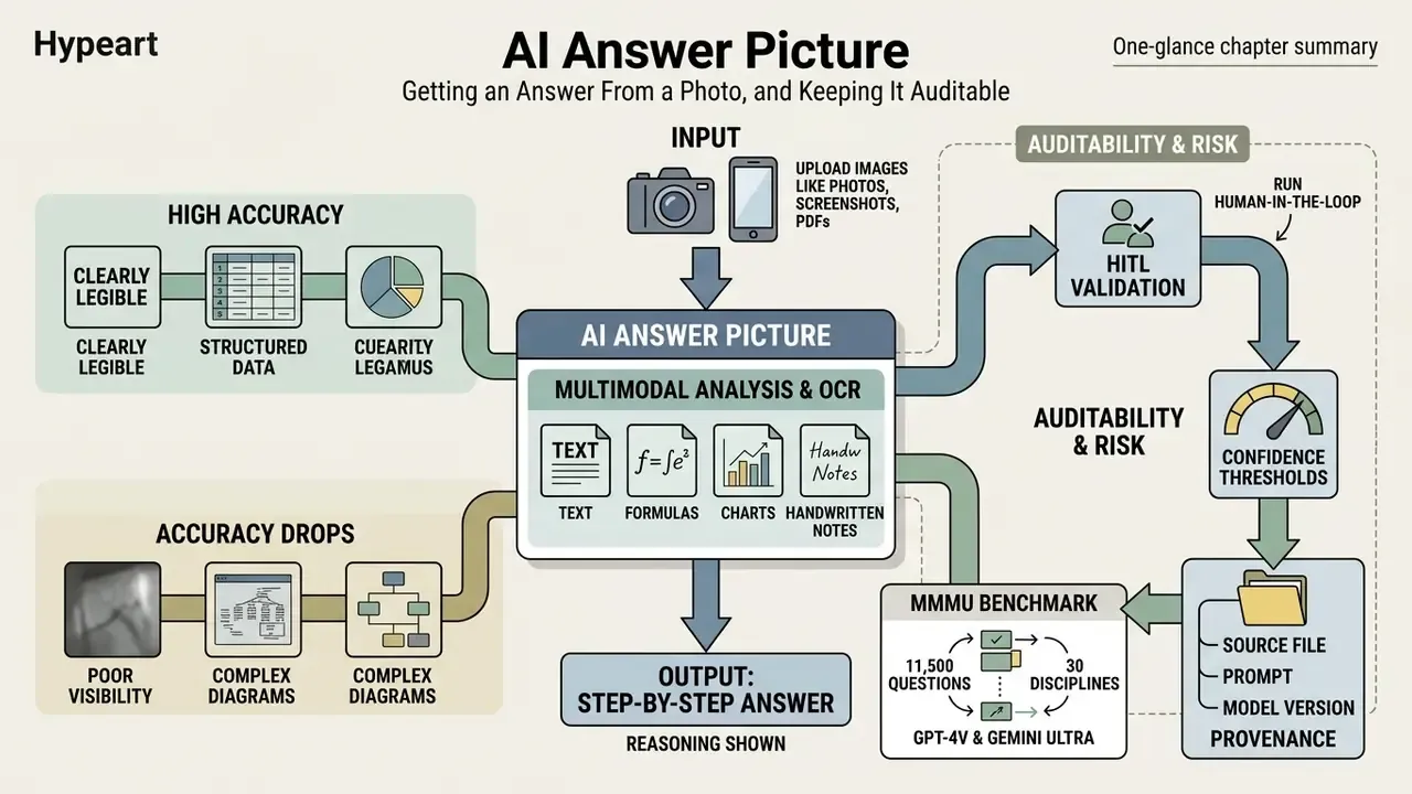 Infographic showing how AI processes images to provide step by step answers while maintaining auditability