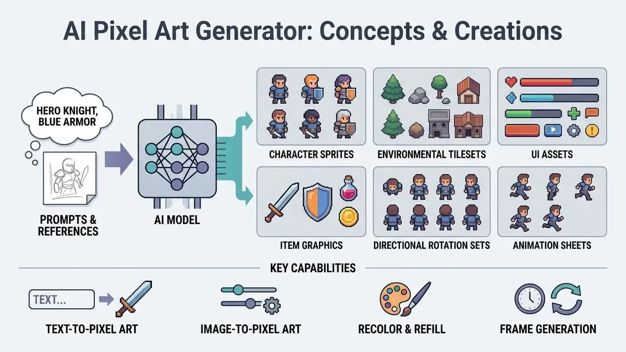 Infographic showing an AI model converting text prompts into pixel art assets like sprites and game tiles