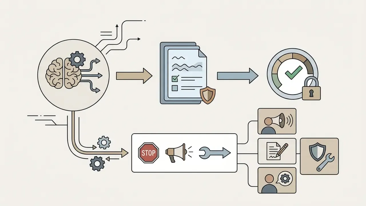 Brain icon connecting to a document and gauge, branching into a remediation path with stop and repair icons