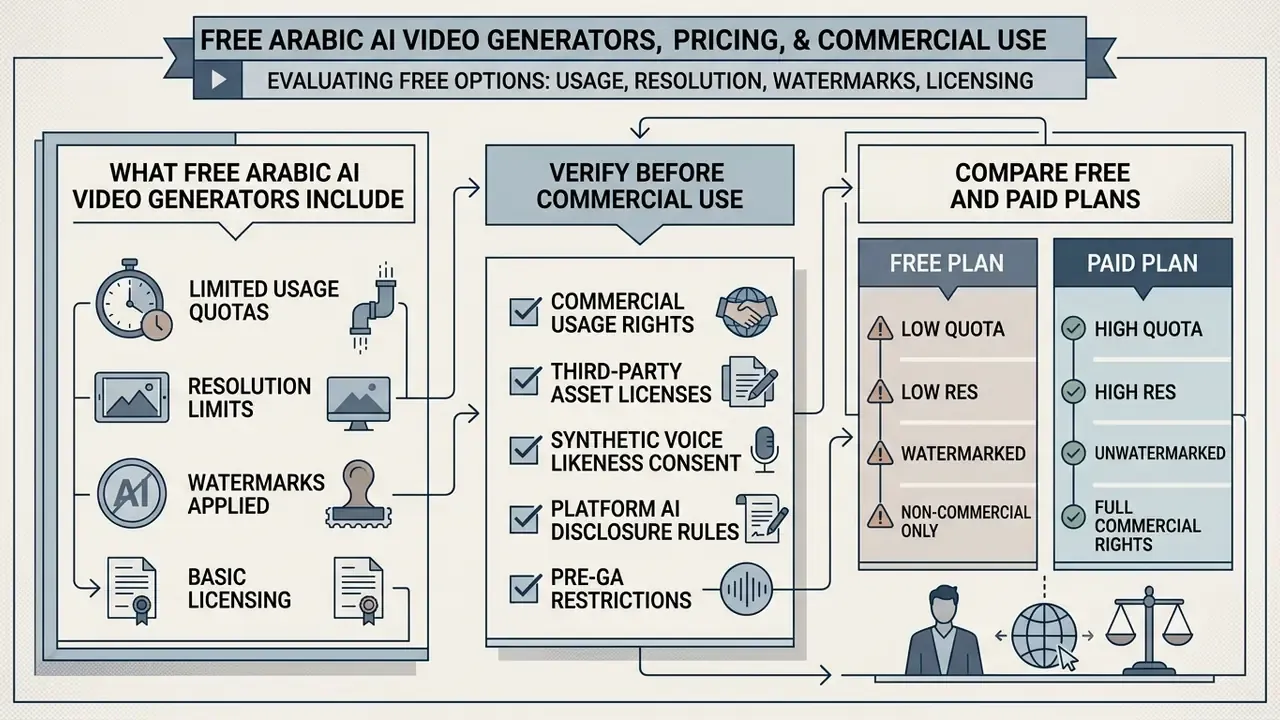 Comparison chart outlining features, verification steps, and plan differences for Arabic AI video tools
