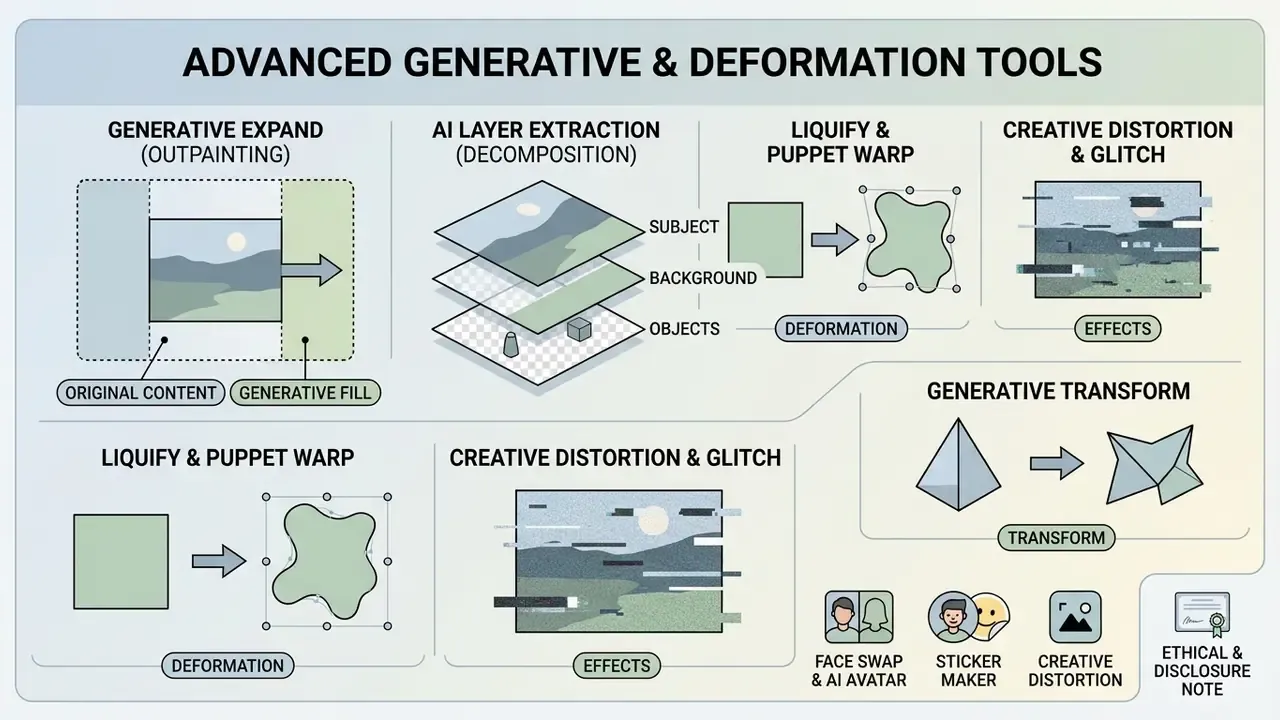 Infographic detailing generative expand, layer extraction, deformation, and creative distortion tools