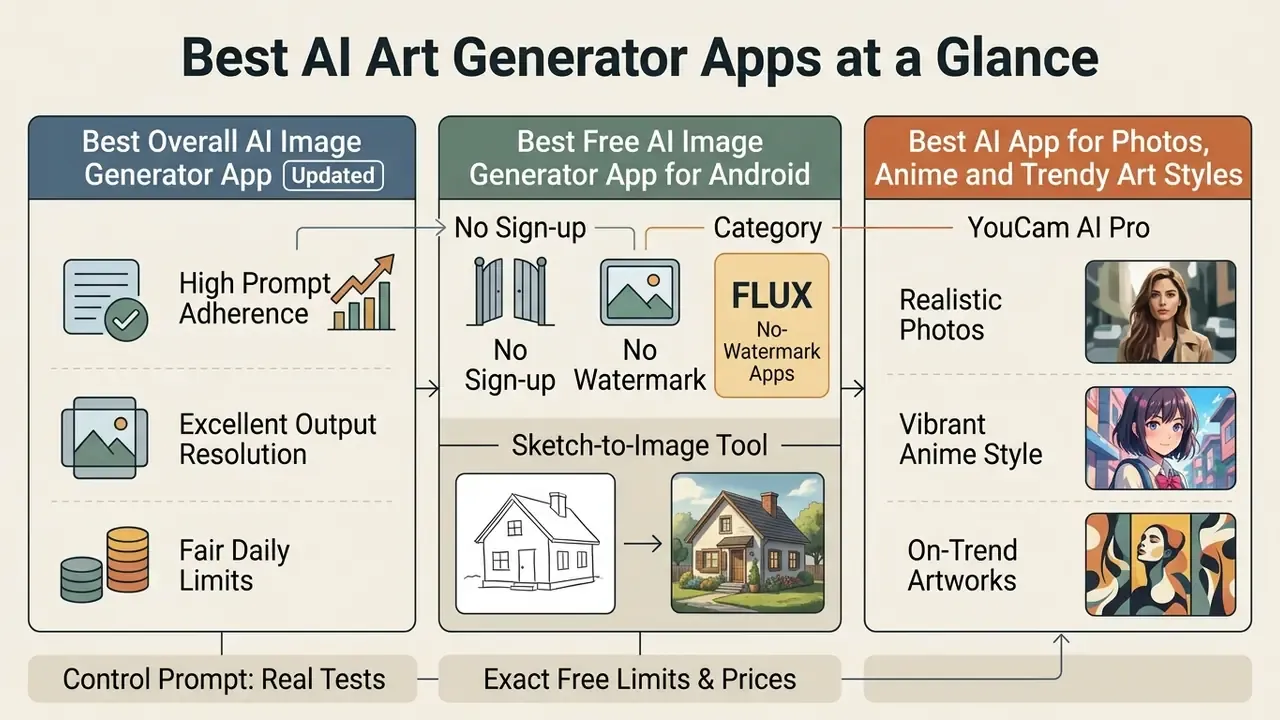 Infographic comparing features of top AI art generator apps including prompt adherence and style variety