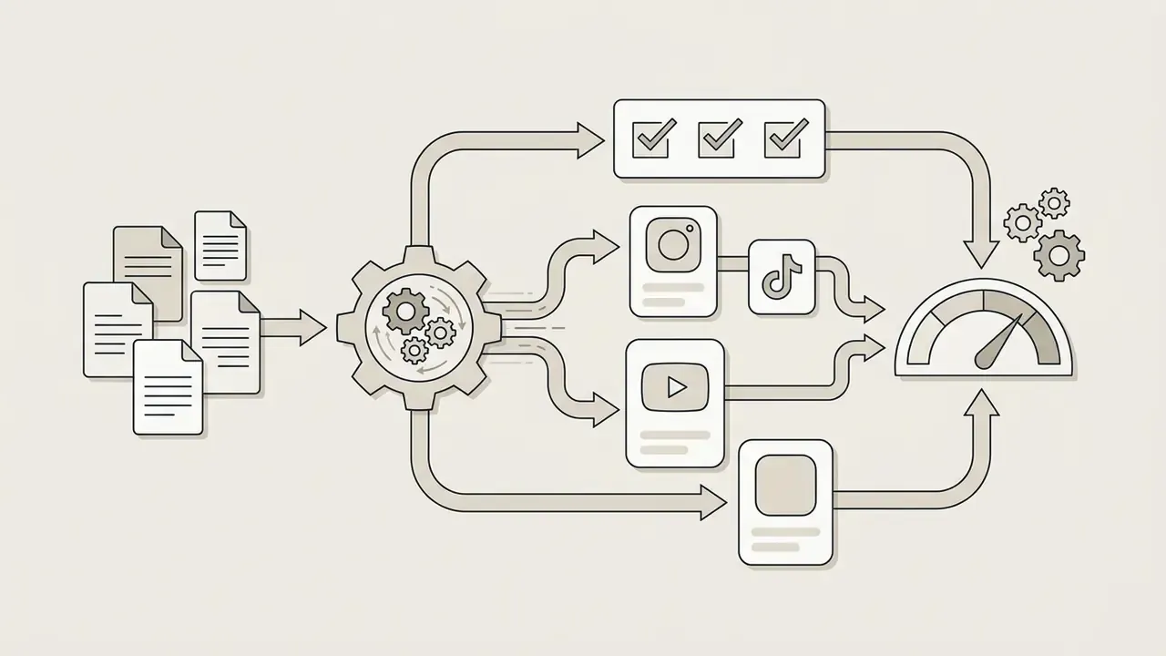 Documents feeding into a gear system that distributes data to social media platform icons and a gauge