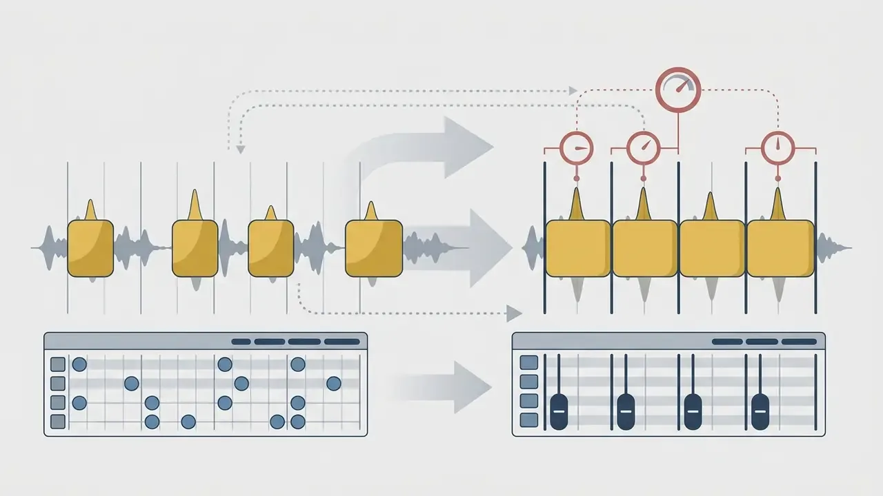 Waveform blocks being aligned to rhythmic grid markers with gauges and slider controls