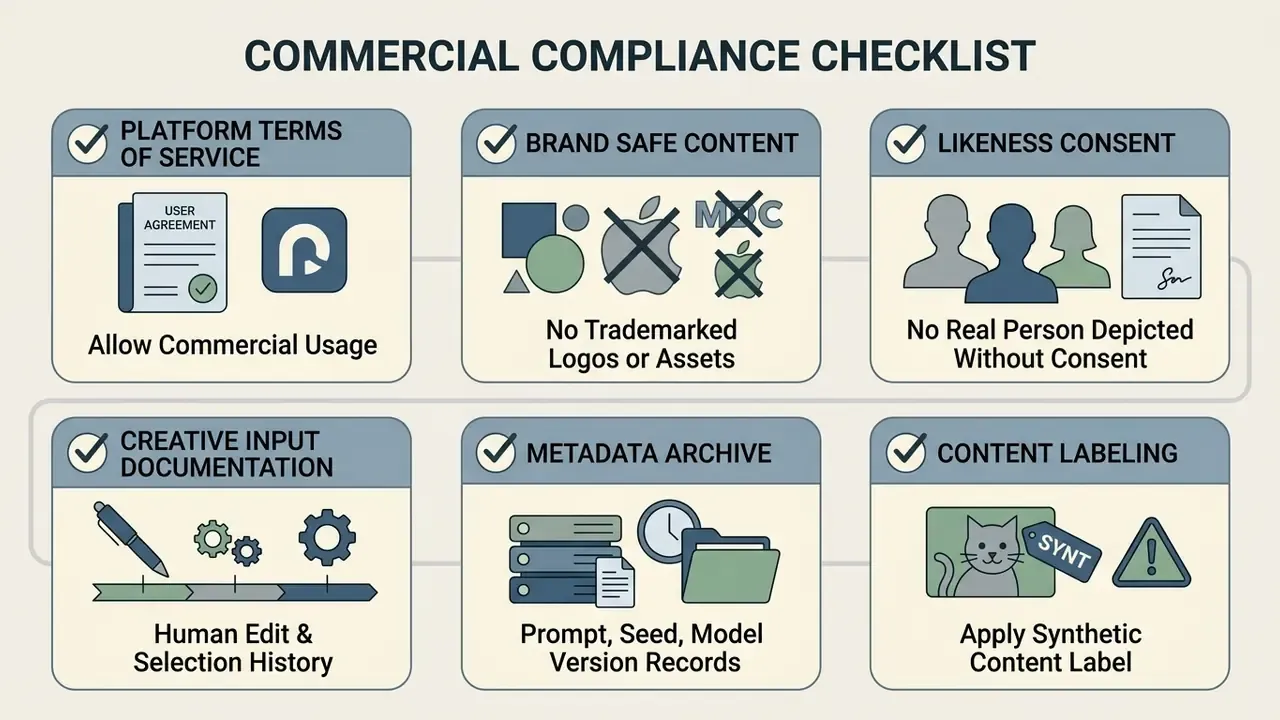 Six-step checklist for commercial content compliance with icons for legal, brand, and metadata requirements