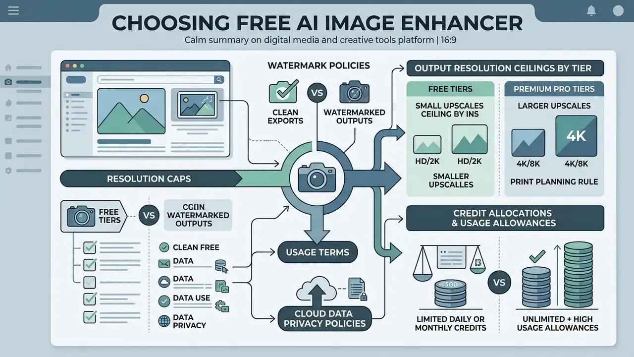 Diagram comparing watermark policies, resolution caps, usage credits, and privacy for a free AI image enhancer
