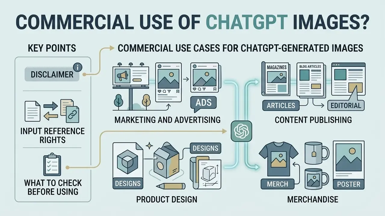 Summary of commercial use cases for ChatGPT images including marketing, publishing, design, and merchandise